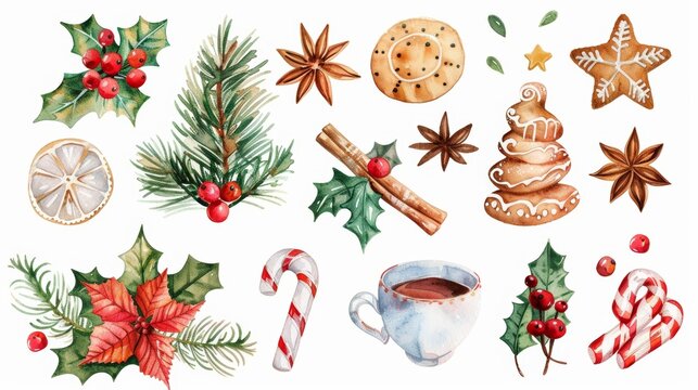 An elegant watercolor image of Christmas decor on a white background. It includes spices and ornaments, cookies, cocoa, gifts, plants and plants.