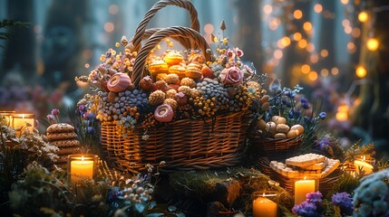 A whimsical hamper filled with enchanted treats and magical surprises, transporting you to a realm of fairy-tale delight. - obrazy, fototapety, plakaty