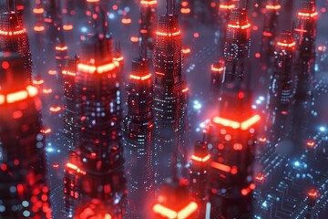 Fototapeta premium A cityscape with many buildings lit up in red