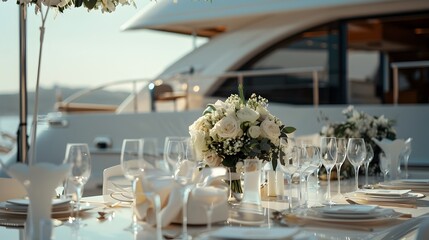 Elegant Yacht Side Wedding with Breathtaking Waterfront Backdrop and Luxurious Table Setting