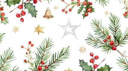 The seamless pattern depicts traditional Christmas decor and elements that include branches of fir, berries, stars, and holly bells.