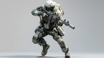 Highly Skilled Futuristic Soldier in Digital Camouflage Gear Executing Tactical Action Pose for Cutting Edge Video Game Concept Art
