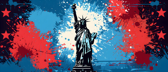 Illustration of USA 4th of July Independence Day celebration with Statue of Liberty and red and blue stars - obrazy, fototapety, plakaty