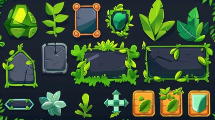 An asset pack with green borders and leaves for game buttons. A modern cartoon set of bars, check marks, crosses, and panels.