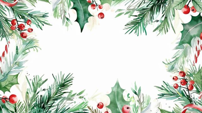 On a white background, you can add your own wishes and greetings to fir branches, holly, red and white berries, and candy cane.