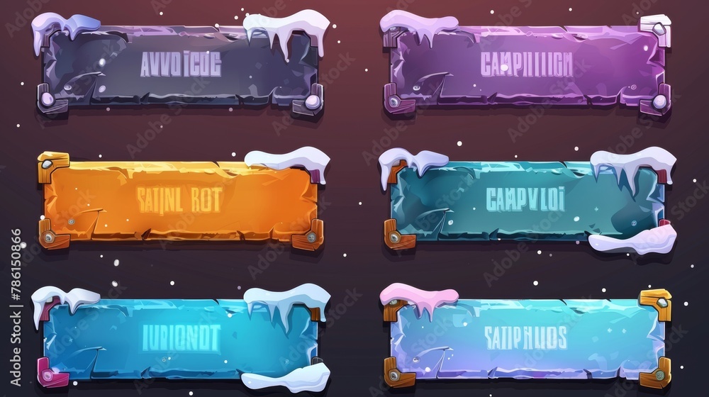 Poster overlay panels and buttons for game streaming with ice texture and snow. modern cartoon set of live 
