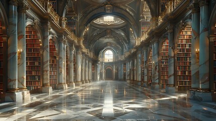 Behold the majesty of the library's architecture, where arches and columns stand as silent guardians of knowledge, preserving the legacy of countless scholars. - obrazy, fototapety, plakaty