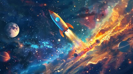Obraz na płótnie Canvas A whimsical space-themed wallpaper adorned with a cheerful cartoon rocket flying amidst a captivating galaxy filled with stars and planets