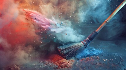 a broom with multiple pastel shaded colors, long bristles sweeping the dusty floor, dust explosion - obrazy, fototapety, plakaty