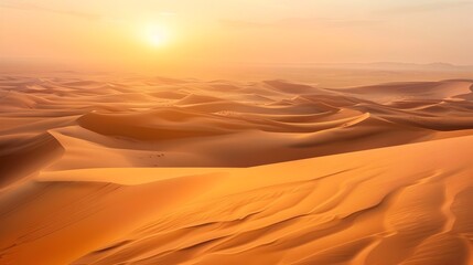 Fototapeta na wymiar Vast Arid Landscape with Undulating Sand Dunes Bathed in Warm Sunset Glow Perfect for Adventurous Travel and Exotic Destination Photography