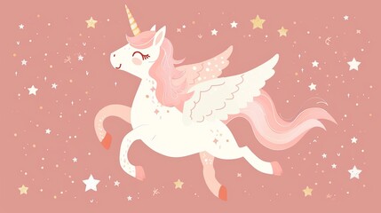 Flying unicorn. Magical unicorn with pink mane surrounded by star dust for sticker, patch badge, card, t-shirt, and funny children's design.