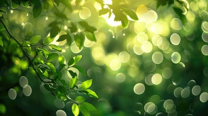 Abstract blurred lights emanating from a tree with an abstract backdrop of green foliage Green and...