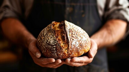 Black background with a baker holding a freshly baked loaf of bread. - obrazy, fototapety, plakaty