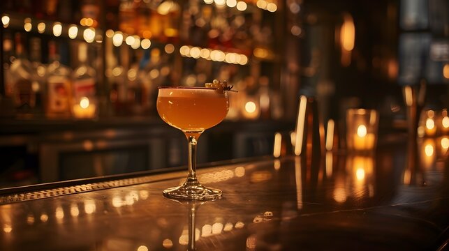 Dimly Lit Speakeasy Style Bar Top with Elegant Craft Cocktails and Sophisticated Mixology Lifestyle