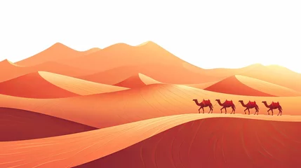 Foto op Plexiglas A desert scene with sand dunes in simple flat vector illustration style. A caravan or herd walking across a large area towards distant mountains in a minimalist design style. © Zahid