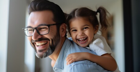 Cheerful dad carrying on neck playing with happy little preschool child daughter indoors.