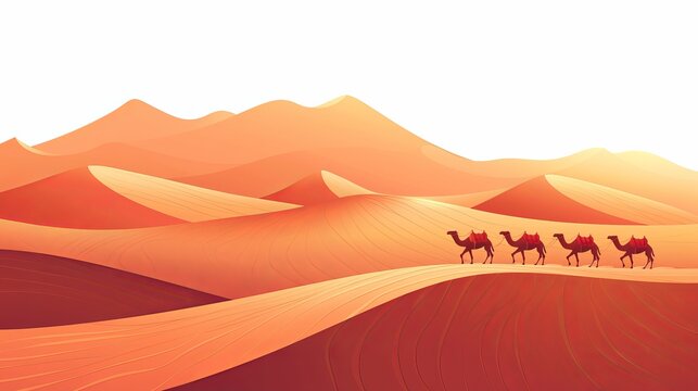A desert scene with sand dunes in simple flat vector illustration style. A caravan or herd walking across a large area towards distant mountains in a minimalist design style.