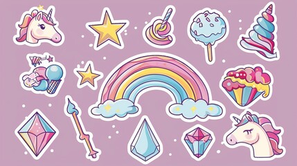 An array of cute unicorn, rainbow, ice cream, shooting star, magic wand, diamond, and other fashion patches.