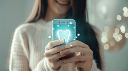 She presses on the icon of a teeth implant on her smartphone, searching for dentists, dental services, and consultations.