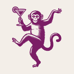Fototapeta na wymiar A cheerful dancing monkey with a glass of alcoholic drink in his hand. Vintage retro illustration, emblem logo. Pink