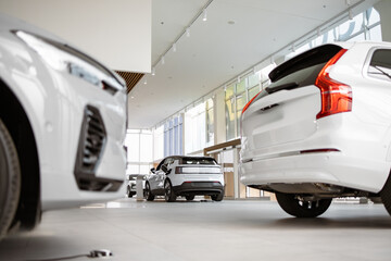 Exterior of new brand fully electric suv car in light dealership. Battery charger in white electric car based in modern showroom with panoramic windows.