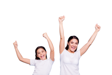 Close up photo cheer two people brown haired mum small little daughter hands arms air glad yell football fans free sale discount shopping buy buyer wear white t-shirts isolated bright blue background