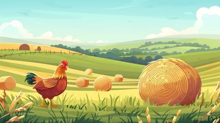 Gardinen This cartoon illustration shows a rural landscape with hay bales on an agriculture field and a hen resting on green grass. © Mark
