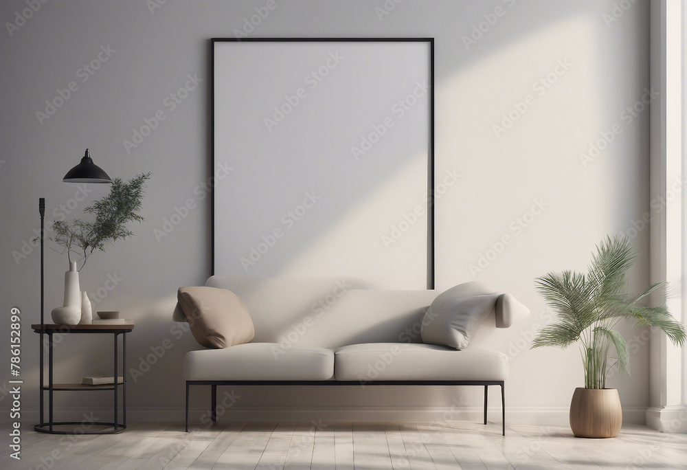 Aufkleber mockup frame in simple minimal interior background 3d render