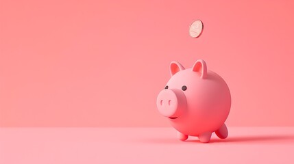 Pink piggy bank with a coin being inserted on a soft salmon background. Simple yet catchy image perfect for finance-related themes. AI