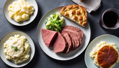 Traditional Irish dinner with corned beef, soda bread and colcannon overhead shot