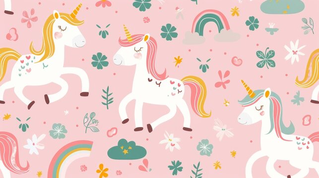 A very pretty and innocent seamless pattern. Modern magic background of pink color with unicorns, rainbows, clouds, stars and clover for good luck.