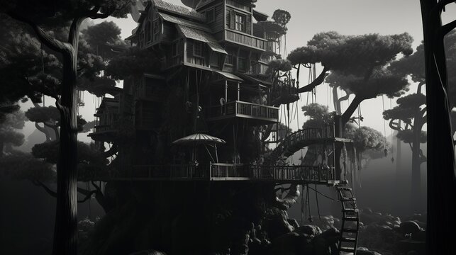 A photo of a Treehouse in Black and White