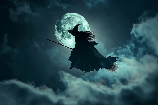 A witch flying on a broomstick with a full moon in the background