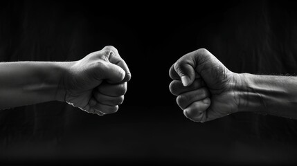 In this black and white illustration, two fists with a male and female face collide on a dark background. Concept of confrontation, competition, family quarrel, etc.
