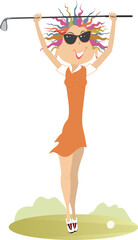 Golfer woman on the golf course. 
Golf course. Pretty young golfer woman holding a golf club above the head. Isolated on white background
