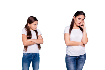 Close up photo cheer two people brown haired mum small little daughter hands arms crossed aggressive ignore not listen sick depression wear white t-shirts isolated bright blue background