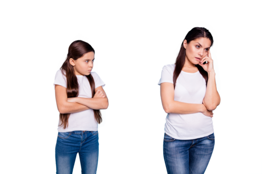 Close up photo cheer two people brown haired mum small little daughter hands arms crossed aggressive ignore not listen sick depression wear white t-shirts isolated bright blue background