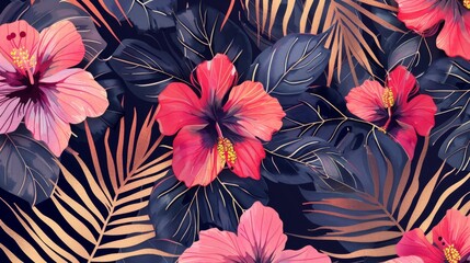 An exciting seamless pattern with watercolor and outline elements of hibiscus flowers, leaves, and golden rhombuses. Ideal for wallpapers, web page backgrounds, fabrics, and other products. - obrazy, fototapety, plakaty