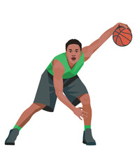 African basketball player in green jersey stand with the ball in his hand and performs a crossover jab - obrazy, fototapety, plakaty