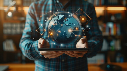 Fototapeta premium A person is holding a tablet with a globe on it. The globe is surrounded by many icons, including a Wi-Fi symbol. Concept of technology and connectivity
