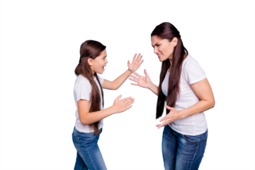 Close up side profile view photo two people brown haired mum small little daughter hands arms raised aggressive yelling fighting sick depression wear white t-shirts isolated bright blue background