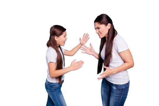 Close up side profile view photo two people brown haired mum small little daughter hands arms raised aggressive yelling fighting sick depression wear white t-shirts isolated bright blue background