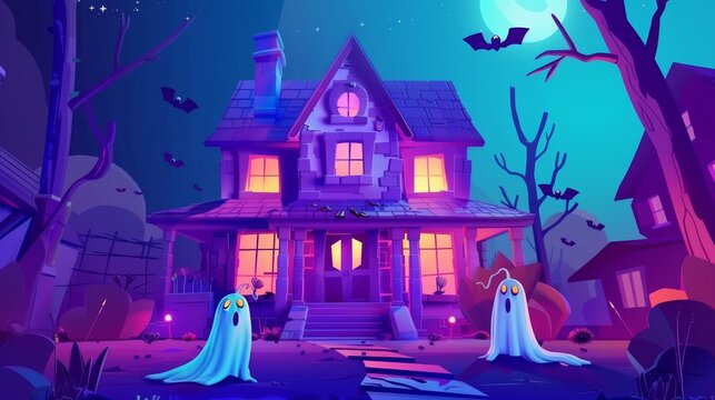 Modern web banner with ghost house and frightened boy. Halloween virtual tour, book, game spooky scene with scary person in darkness.