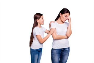 Close up photo two people brown haired mum small little daughter disinterested hands arms on shoulder ask speak tell talk mistakes sorry wear white t-shirts isolated bright blue background