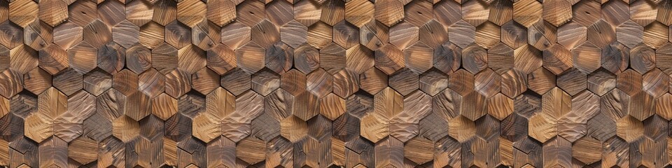 Abstract luxurious geometric hexagon wood background banner 3d texture background  - Brown rustic rough wooden hexagonal shape decor wall panele wallpaper, seamless pattern