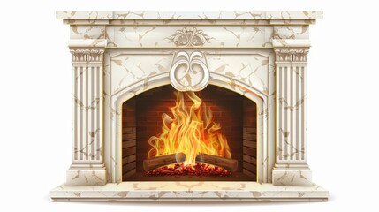 Modern illustration of hearth in stone frame without pilasters and empty mantelpiece isolated on white background. White marble fireplace for home interior in classic style. - obrazy, fototapety, plakaty