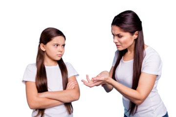 Close up photo two people brown haired mum small little daughter hands arms raised aggressive fighting explaining mistakes sick depression wear white t-shirts isolated bright blue background