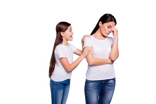 Close up photo two people brown haired mum small little daughter disinterested hands arms on shoulder ask speak tell talk mistakes sorry wear white t-shirts isolated bright blue background