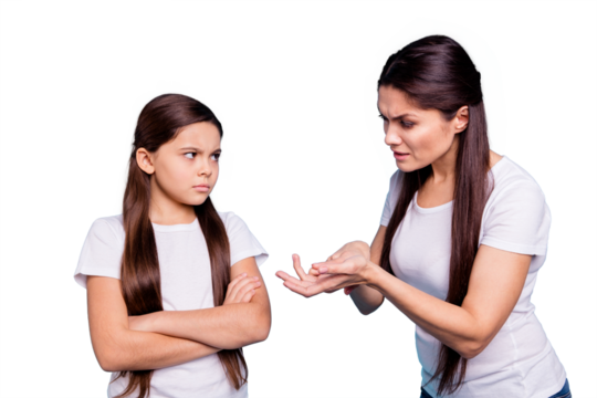 Close up photo two people brown haired mum small little daughter hands arms raised aggressive fighting explaining mistakes sick depression wear white t-shirts isolated bright blue background