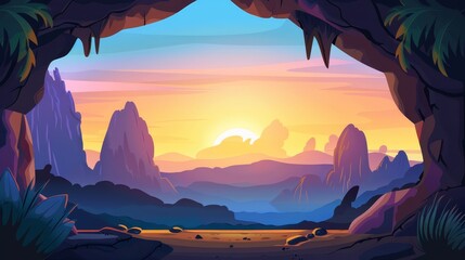 Illustration of a cave with moss, a ledge, cave entrance with a view of mountains at sunset. Modern cartoon illustration of summer landscape with high cliffs and mountain peaks. - obrazy, fototapety, plakaty